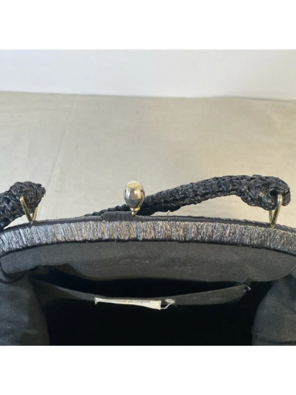 VTG Black Straw Raffia Woven 124 Japan Purse Handbag Gold Tone Clasp Closure EUC